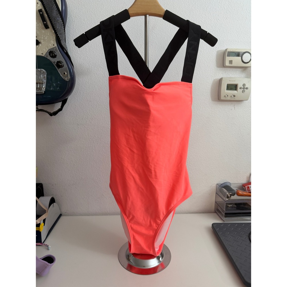 DKNY Womens Neon Coral Pink One Piece Swimsuit Logo Elastic Straps Large
